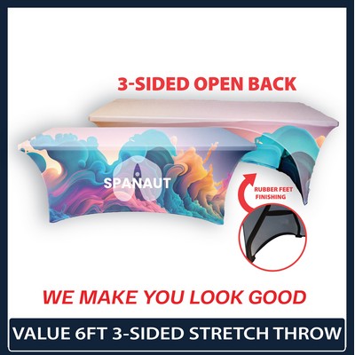 Value - 6' x 30"Top x 29"H - 3 Sided Hemmed Stretch Table Throw (Full Coverage Dye Sublimation)